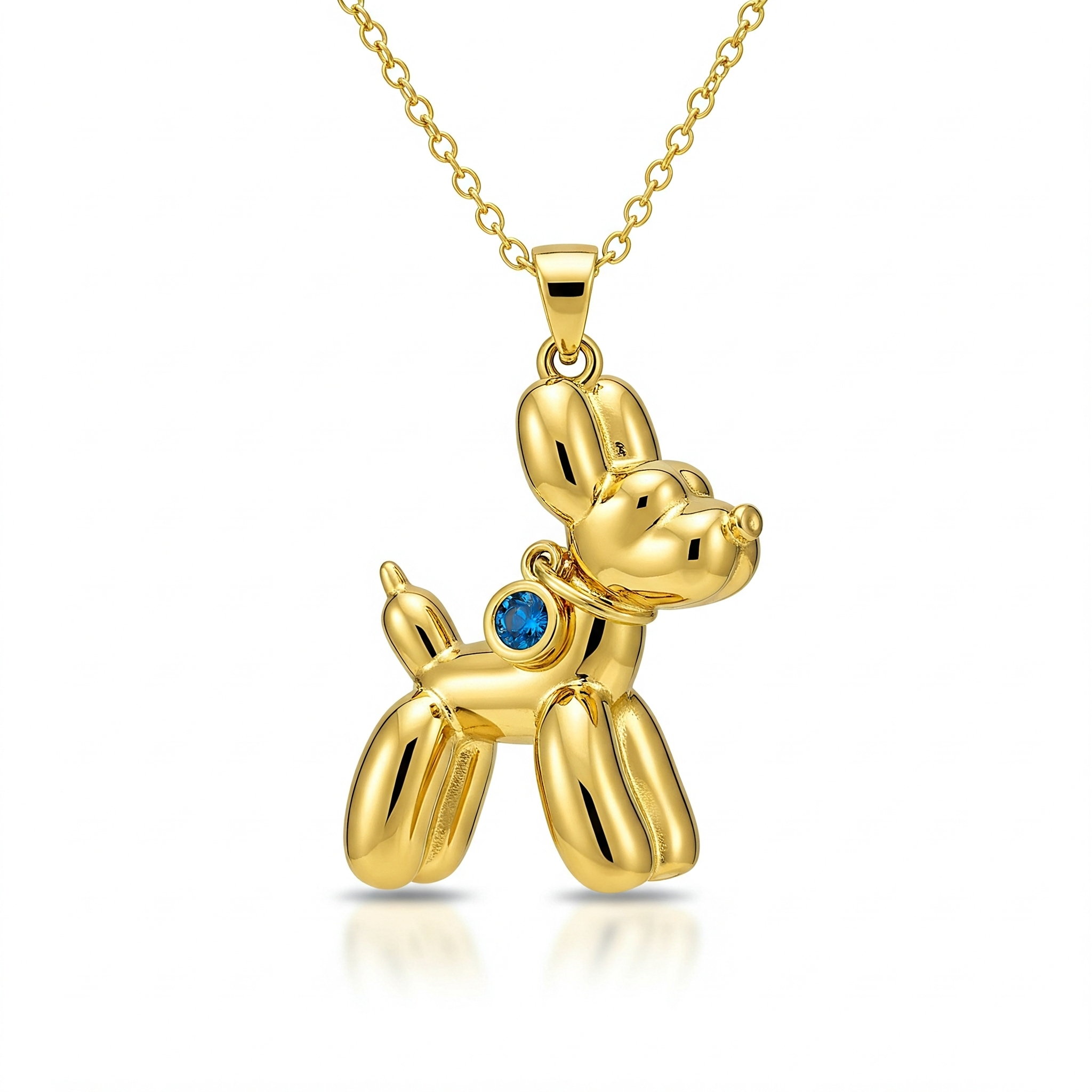 Balloon Dog Pendant Necklace with Blue Crystal Accent in Stainless Steel